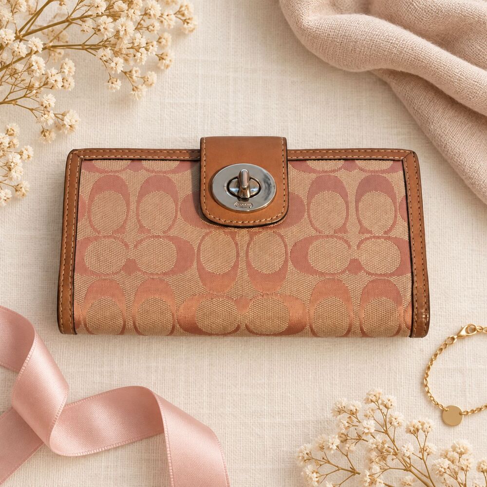 Vintage Y2K Coach Signature C Jacquard Turnlock Wallet Pink Tan